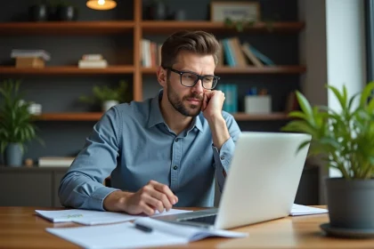 Homme concentré travaillant sur son ordinateur dans un bureau moderne