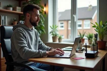 Homme en tenue décontractée travaillant sur son ordinateur dans un bureau à domicile
