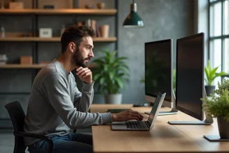 Jeune homme regardant trois écrans dans un bureau moderne