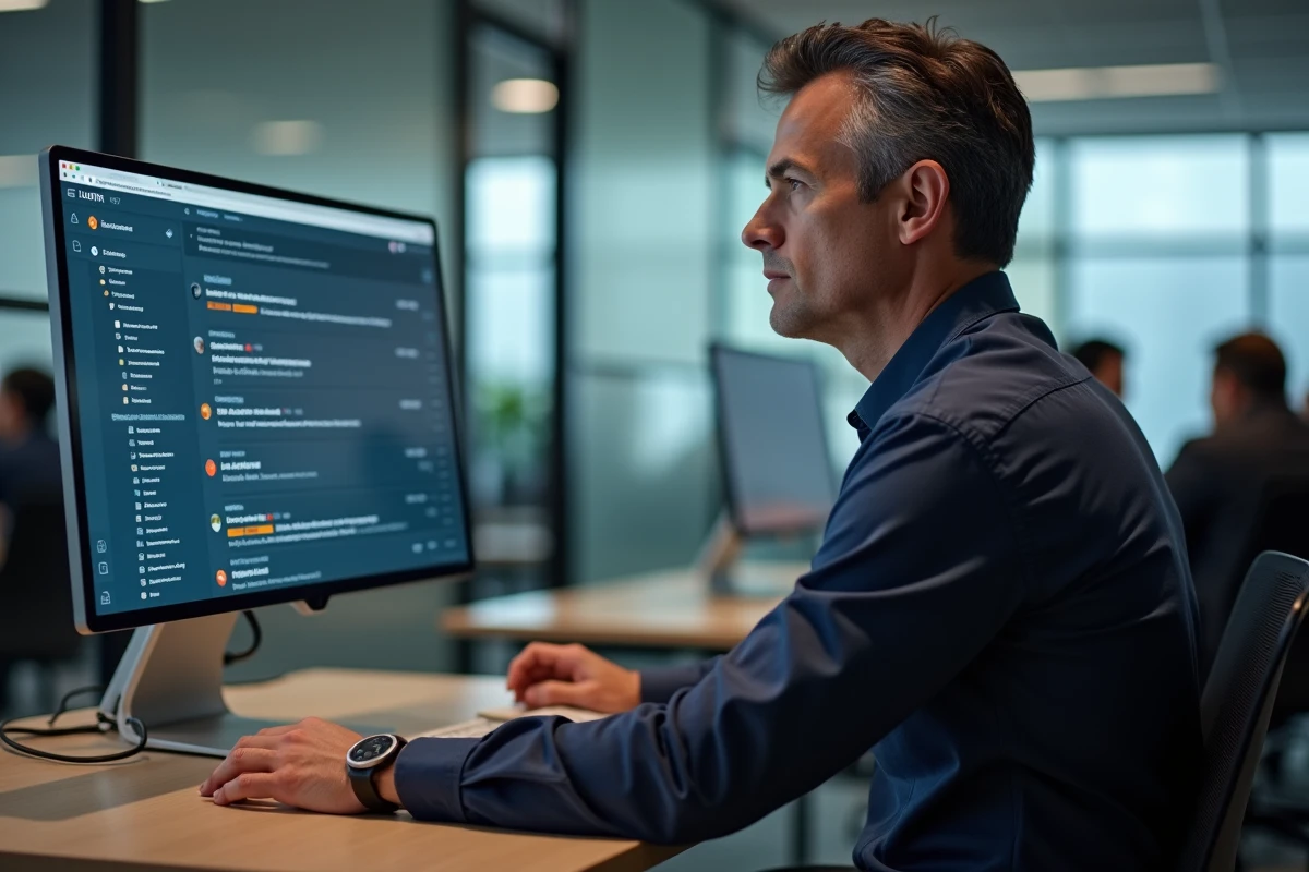 Homme professionnel triant ses emails dans un bureau moderne à Lyon