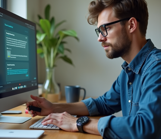 Homme insérant une clé USB dans un ordinateur de bureau