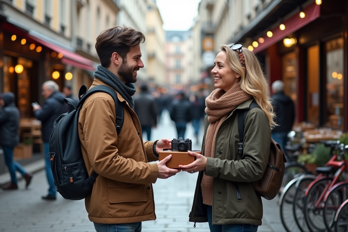 Un jeune homme remet une caméra vintage à une femme dans une rue animée