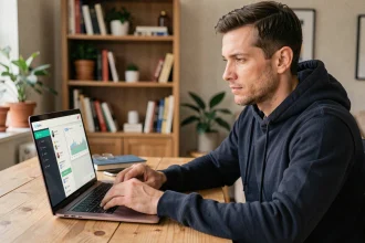 Homme utilisant un VPN sur son ordinateur portable dans un bureau à domicile pour rester anonyme sur internet