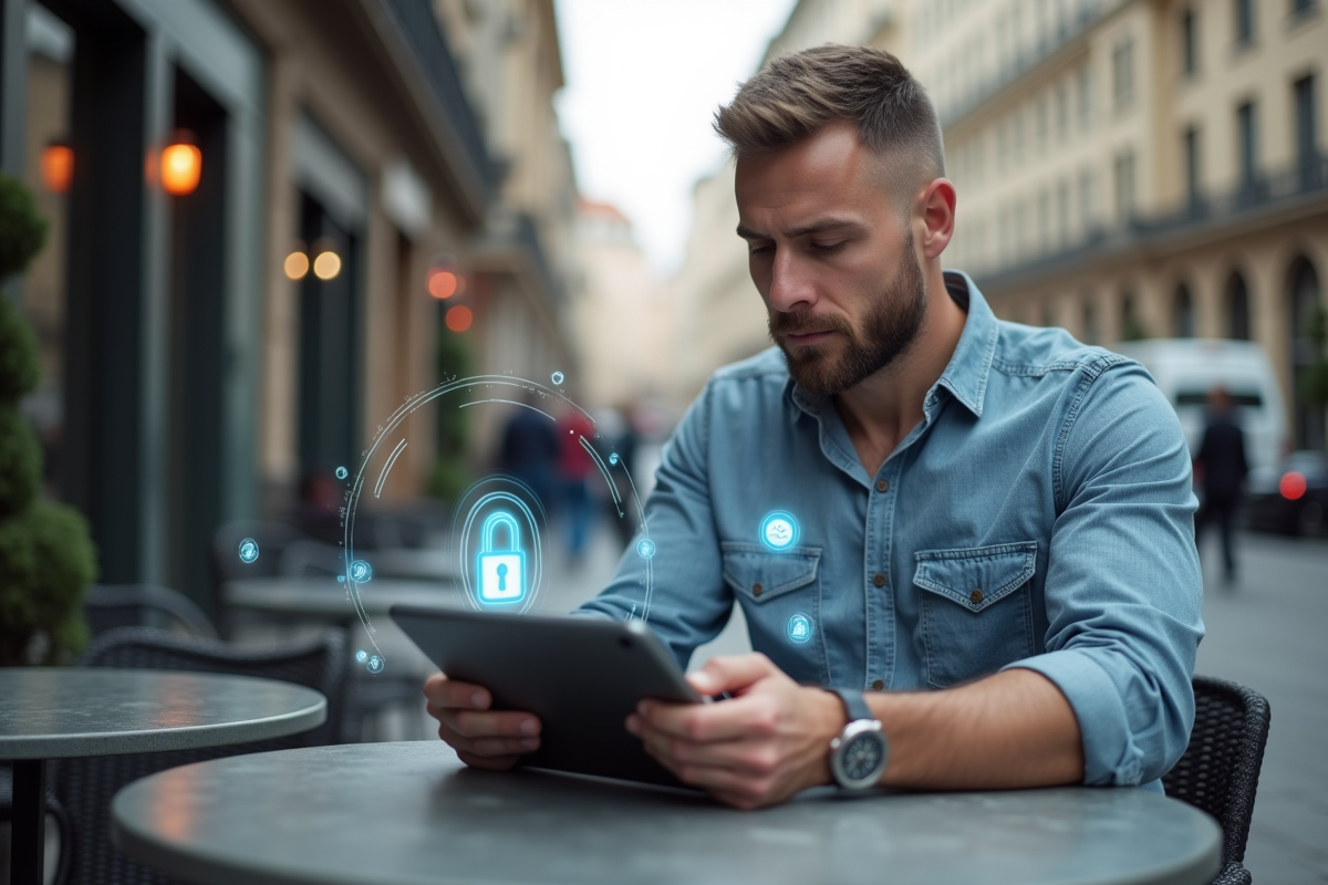 Homme connecté au VPN sur sa tablette dans un café en ville