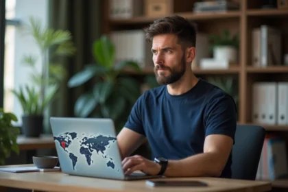 Homme utilisant un VPN sur son ordinateur portable pour contourner les blocages géographiques d'un service d'intelligence artificielle