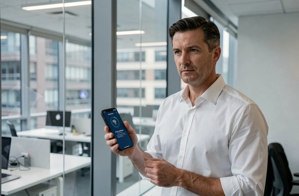 Homme en entreprise consultant un VPN sur smartphone pour sécuriser sa connexion et préserver son anonymat