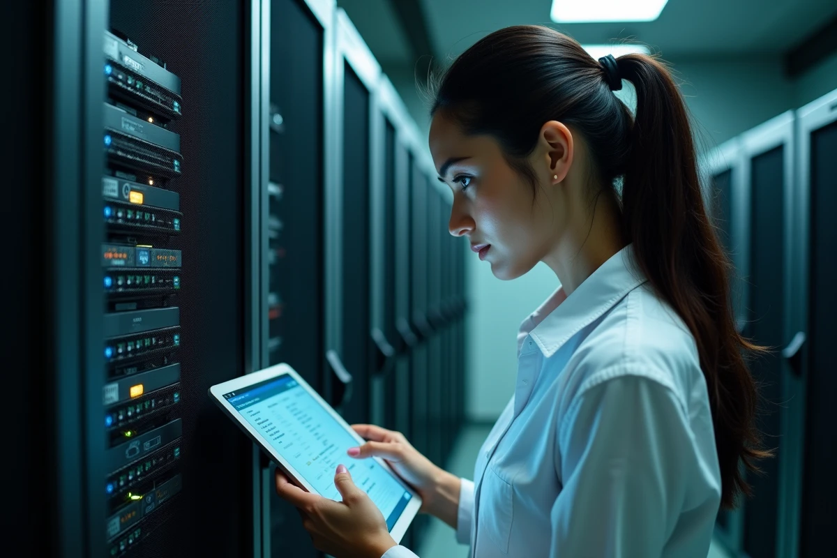 Technicienne réseau identifiant des adresses IP v4 sur une tablette dans une salle serveur