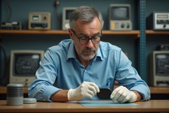 Ingénieur homme en laboratoire examinant une plaquette de silicium