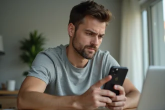 Homme inspectant attentivement l'état d'un iPhone 14 Pro reconditionné avant achat