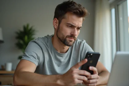 Homme inspectant attentivement l'état d'un iPhone 14 Pro reconditionné avant achat