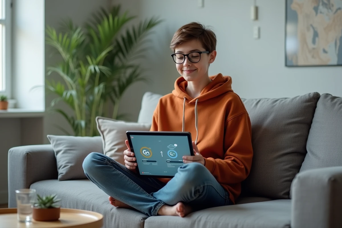 Jeune adulte consultant une infographie sur la conversion de gigaoctets en mégaoctets sur une tablette dans un salon moderne