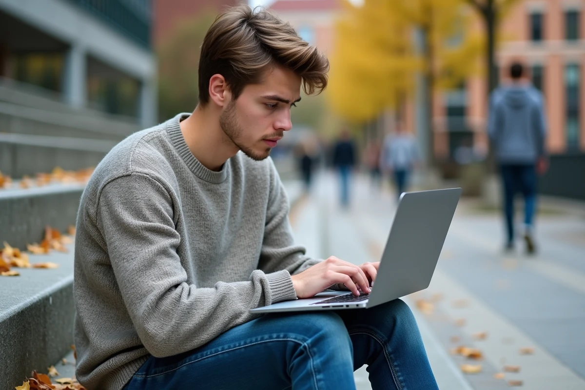 Jeune étudiant assis sur des marches en extérieur