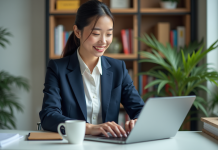 Jeune femme en bureau moderne travaillant sur son ordinateur