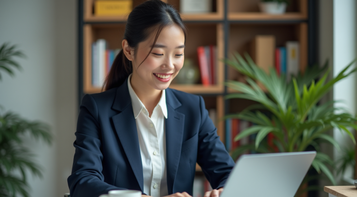 Jeune femme en bureau moderne travaillant sur son ordinateur