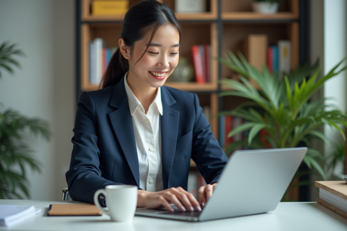 Jeune femme en bureau moderne travaillant sur son ordinateur