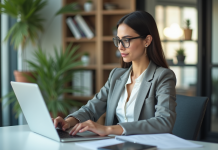 Jeune femme professionnelle assise au bureau en train de taper sur un ordinateur