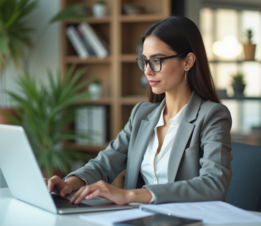 Jeune femme professionnelle assise au bureau en train de taper sur un ordinateur