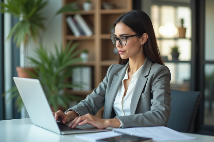 Jeune femme professionnelle assise au bureau en train de taper sur un ordinateur