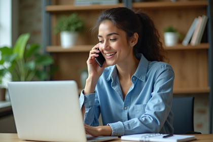 Jeune femme au bureau parlant dans son smartphone