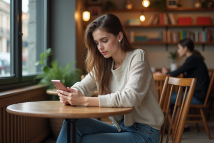 Jeune femme au café concentrée sur son smartphone