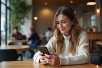 Jeune femme souriante utilisant un chatbot au café