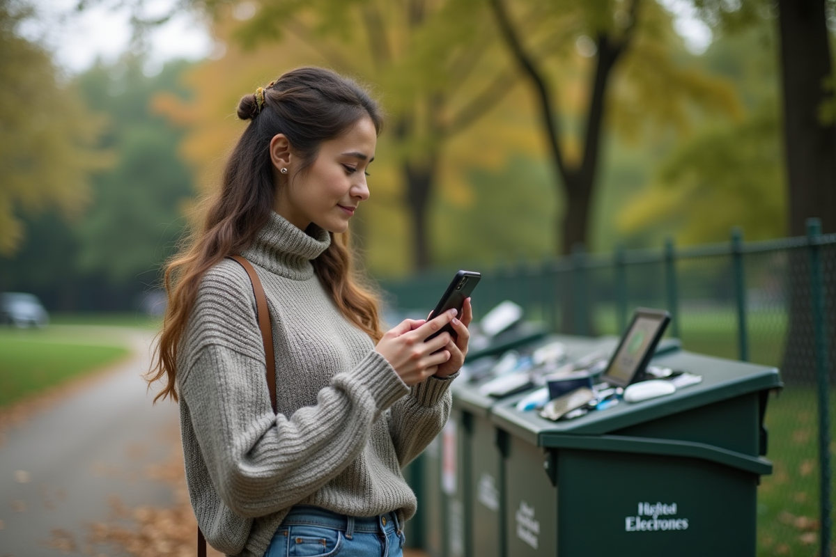 Jeune femme écologique observant un déchet électronique