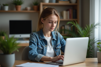Jeune femme en bureau à domicile travaillant sur son ordinateur
