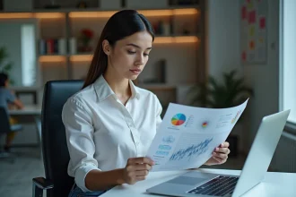Jeune femme compare diagrammes de reseaux neuronaux au bureau