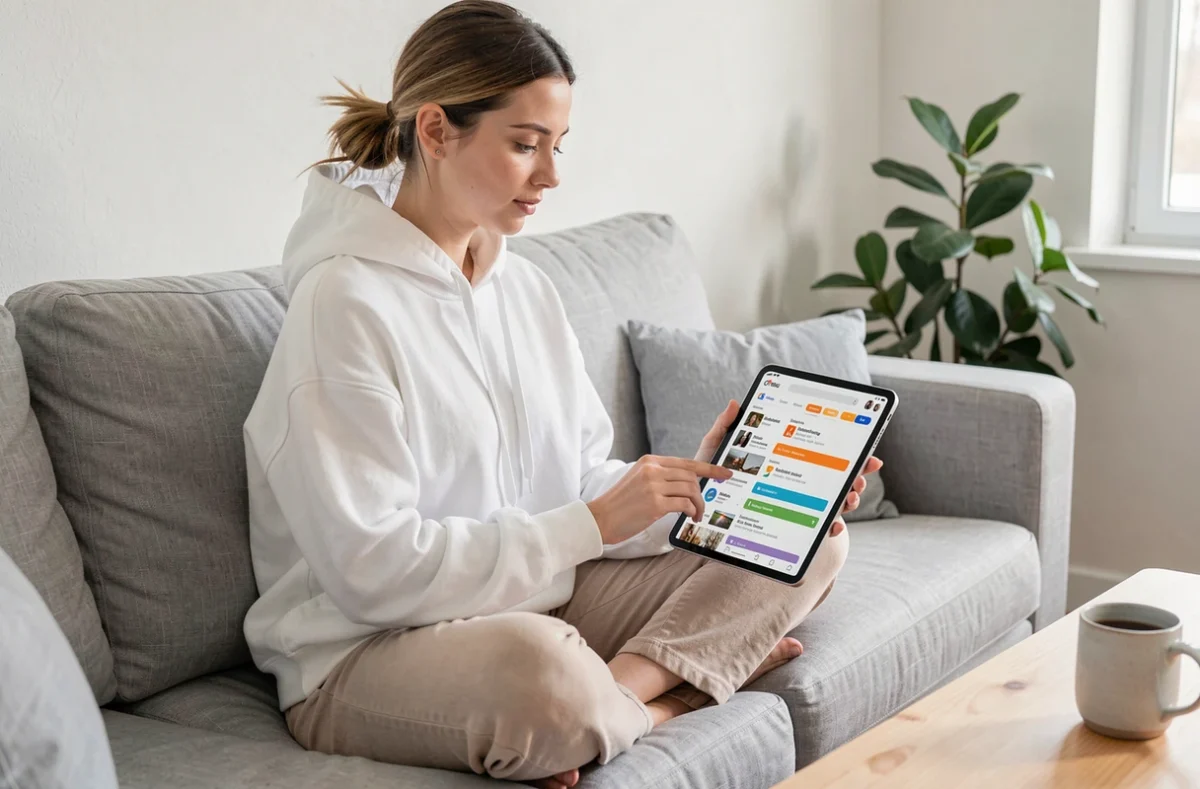 Jeune femme organisant ses favoris de navigateur sur une tablette depuis son canapé dans un appartement minimaliste