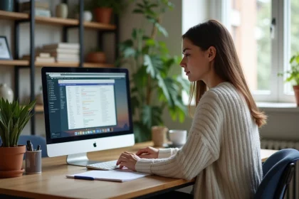 Jeune femme organisée sur son ordinateur dans un appartement lumineux