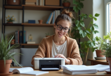 Jeune femme souriante examine une imprimante compacte à la maison