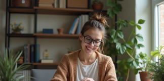 Jeune femme souriante examine une imprimante compacte à la maison