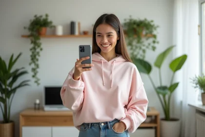 Jeune femme filmant une vidéo TikTok avec un Samsung Galaxy dans un appartement moderne et minimaliste