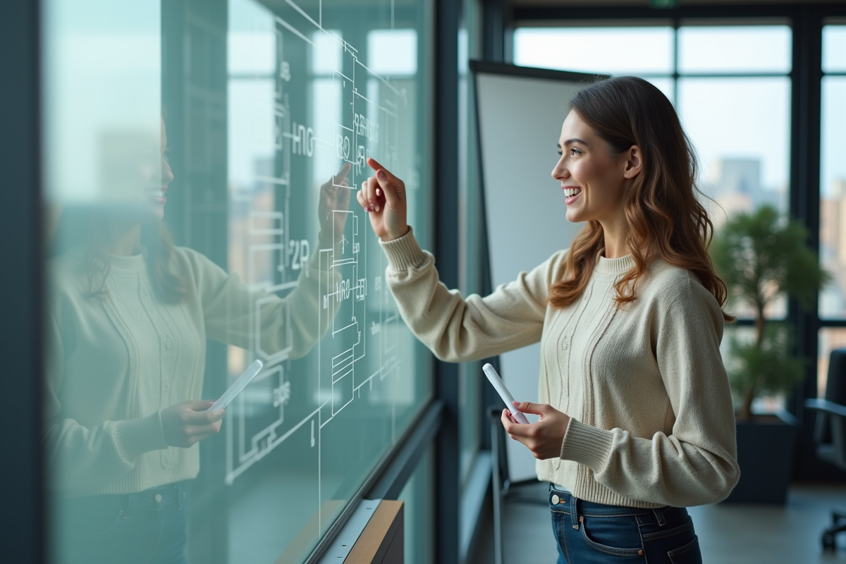 Jeune femme présentant un schéma de microprocesseur dans un bureau moderne