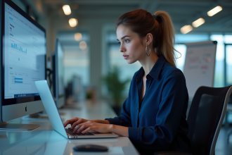Jeune femme en informatique analysant dashboards de securite cloud