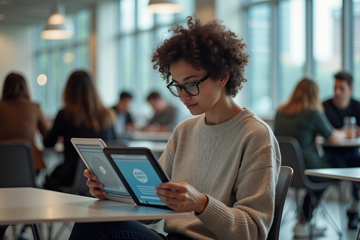 Jeune femme avec tablettes dans un espace universitaire animé