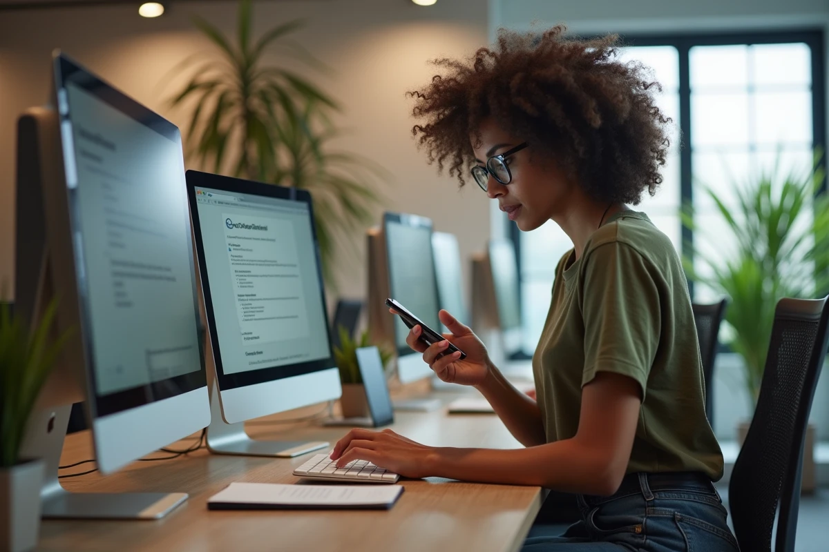 Jeune femme vérifiant son smartphone près de son ordinateur au bureau