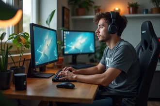 Jeune homme jouant sur un PC gaming dans un appartement moderne