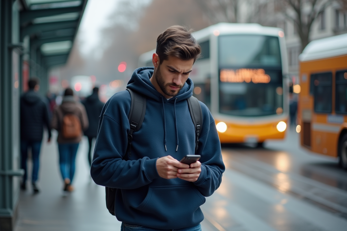 Jeune homme au arrêt de bus utilisant son smartphone