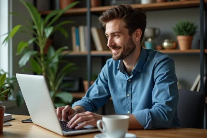 Jeune homme au bureau à domicile travaillant sur son ordinateur