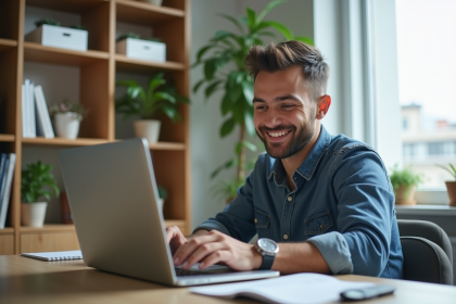 Jeune homme au bureau en train d'uploader des fichiers sur son ordinateur