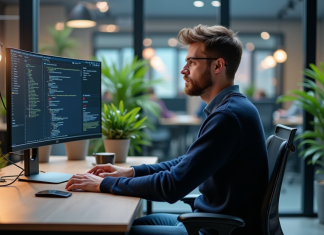 Jeune homme en coding devant grand ecran dans bureau moderne