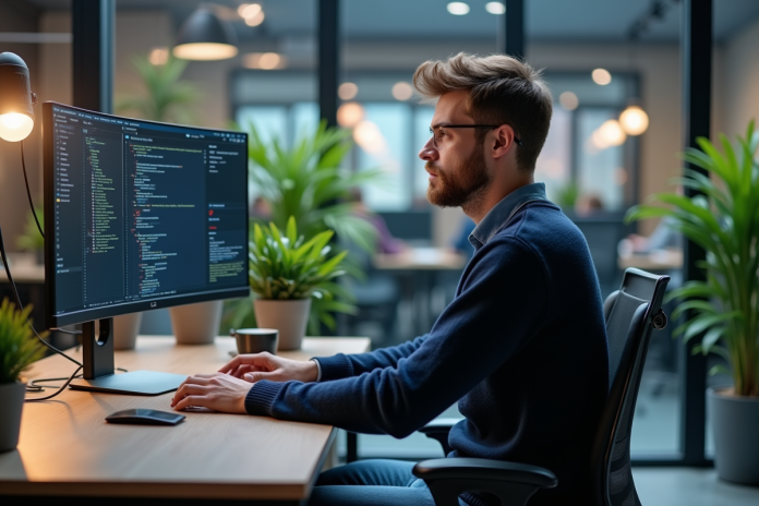 Jeune homme en coding devant grand ecran dans bureau moderne