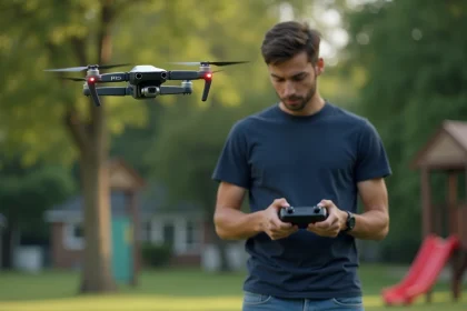 Jeune homme avec drone quadcopter dans un parc suburbain