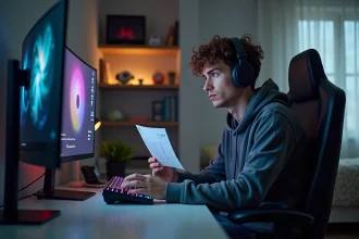 Jeune homme regardant sa facture d'électricité dans sa chambre