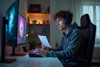 Jeune homme regardant sa facture d'électricité dans sa chambre