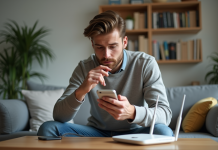 Comparatif consommation wifi vs 5G : quel est le plus énergivore ? Jeune homme avec smartphone et routeur WiFi dans un salon moderne