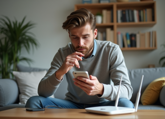 Comparatif consommation wifi vs 5G : quel est le plus énergivore ? Jeune homme avec smartphone et routeur WiFi dans un salon moderne