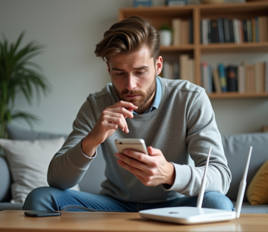 Comparatif consommation wifi vs 5G : quel est le plus énergivore ? Jeune homme avec smartphone et routeur WiFi dans un salon moderne