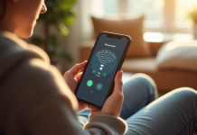 Jeune personne utilisant une application WiFi sur smartphone dans un salon lumineux